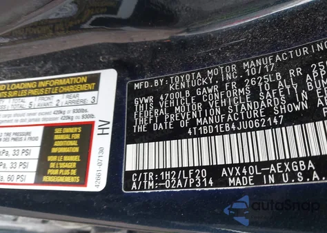 2018 Toyota Avalon Hybrid Xle из США, поврежденный, VIN 4T1BD1EB4JU062147